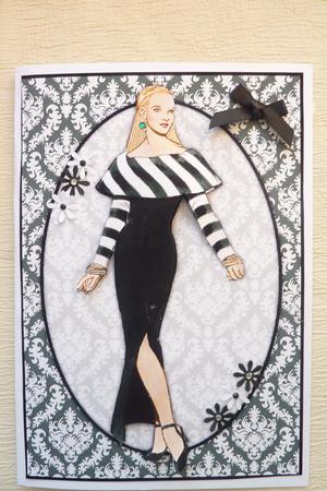 Vintage Fashion Lady on Damask Background Card Front by Rosina Walker