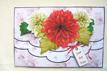 Deep Red and Cream Dahlias Elegant Faux Envelope Card by Rosina Walker