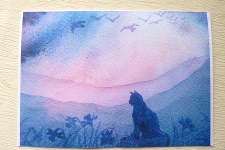 A4 Cat Gazing at the Sunset by Rosina Walker