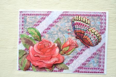 Red Rose & Butterfly on Lace & Marble Decoupage Topper by Rosina Walker