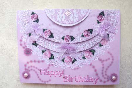 Pink Satin Roses and Lace Mock Envelope Card by Rosina Walker