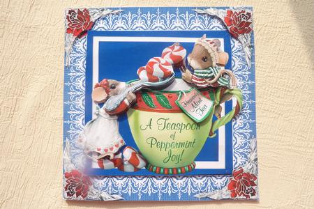 Peppermint Joy Mice Cup & Saucer Decoupage Square Card Sheet by Rosina Walker