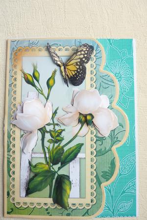 Butterfly and Flowers Scalloped Card Front by Rosina Walker