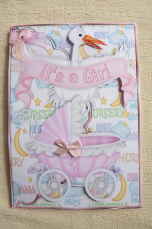 It's a Girl Stork and Pram Scalloped Edge Envelope Card by Rosina Walker