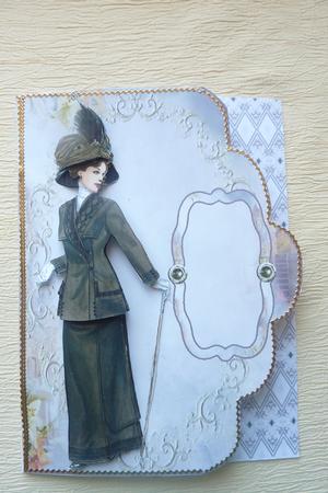 Vintage Lady Out for a Stroll Scalloped Edge Card Front by Rosina Walker