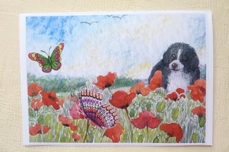 Puppy Watching Butterflies on Poppies by Rosina Walker