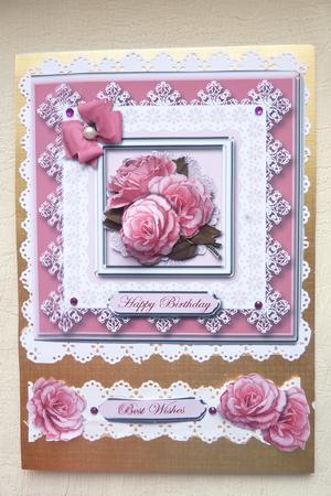 Pink Roses on Lace Square Card by Rosina Walker