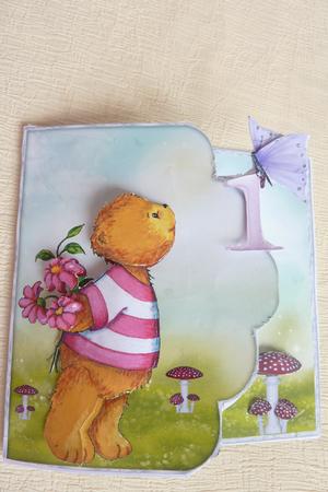 Teddy Bear Scalloped Edge Decoupage Card for Girl Aged One by Rosina Walker