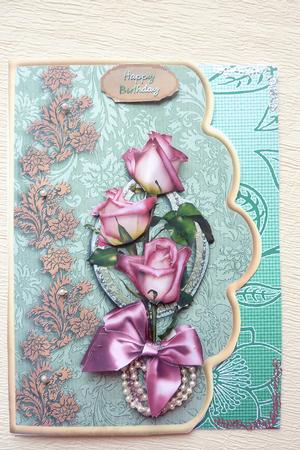 Beautiful Pink Roses Scallope Edge Curve Card by Rosina Walker