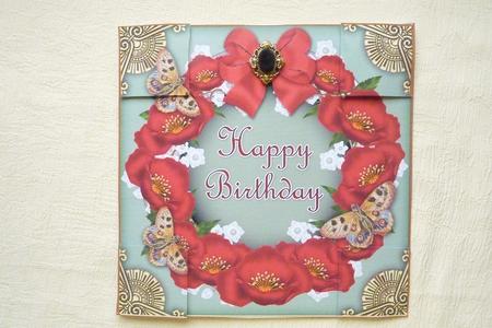 Red Poppy Green Butterfly Birthday 8in Picture Topper by Rosina Walker