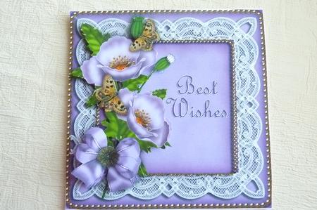 Lilac Poppy Lace Best Wishes 6in Decoupage Card Front by Rosina Walker