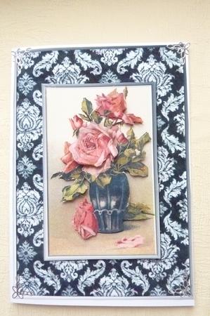 Pink Roses on Damask Quick Card by Rosina Walker