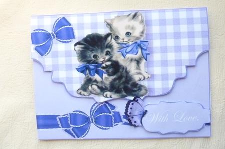 Cute Pair of Kitties with Purple Bow on Scalloped Envelope by Rosina Walker