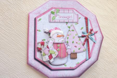 Snowgirl Pink Octogon Shaped Cut & Fold with Decoupage by Rosina Walker