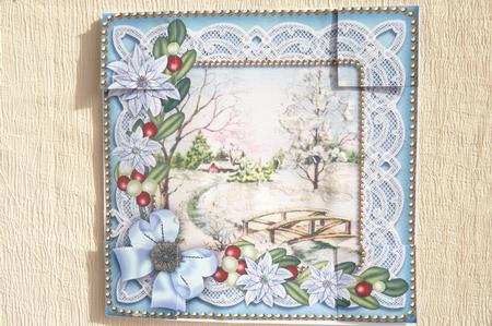 Pretty Snow Scene Blue Poinsettia 8in Picture Topper by Rosina Walker