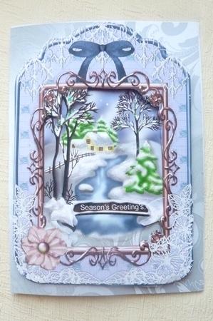 Snow Scene with Cottage and Bridge in Lace Frame A4 by Rosina Walker