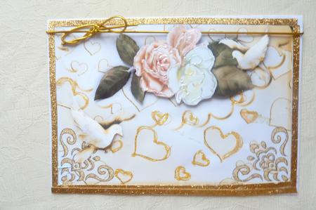 Peach Roses with Doves on a Heart Scalloped Envelope A4 by Rosina Walker