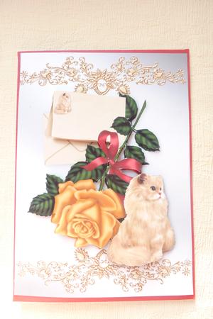 Gold Rose with Envelope and Fluffy Cat A4 by Rosina Walker