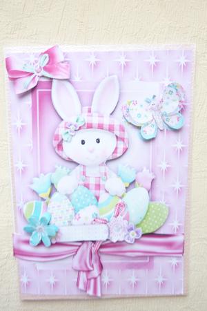 Cutie Easter Bunny in Bonnet with Lots of Easter Eggs by Rosina Walker