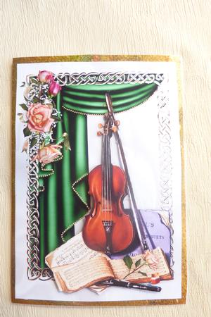 Beautiful Drapes with Violin and Peach Roses A4 by Rosina Walker