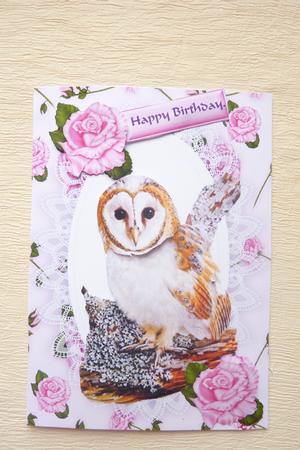 Cute Owl on a Branch with Pink Roses by Rosina Walker
