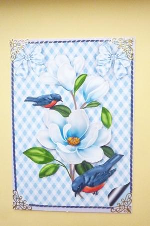 Blue Birds with Pretty Flowers on Blue Gingham A4 by Rosina Walker