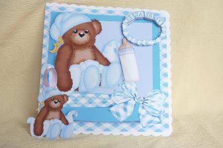 Bedtime Baby Bear with Bottle in Blue with Bow by Rosina Walker