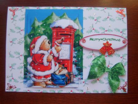 Teddy with Robin in Santa Suit,pyramid by Rosina Walker