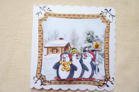 Penguin Choir Card Front with Decoupage by Rosina Walker