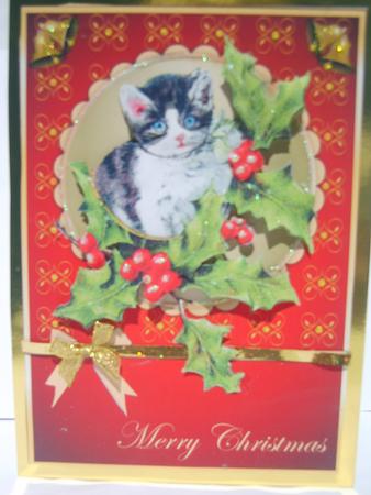Christmas Cat with Holly Decoupage by Rosina Walker