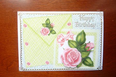 Peach/pink Roses and Bow on Card with Envelope by Rosina Walker