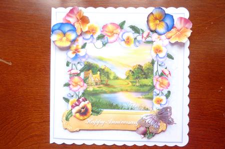 8 x 8 Pansies Around the Lake on Blue Lace Card Topper by Rosina Walker