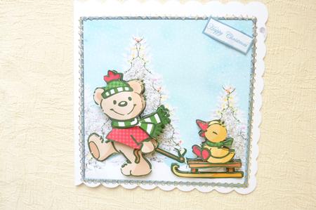 Teddy Bear Sledge Fun with Friend Duck by Rosina Walker
