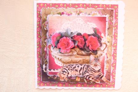 Bowl of Flowers with Cat Card Topper & Decoupage by Rosina Walker