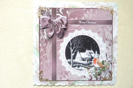 8x8 Black and White Cottages in Snow with Bow and Robin by Rosina Walker