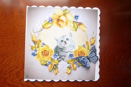 Beautiful Kitten with Roses Card Topper by Rosina Walker