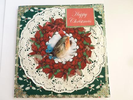 Beautiful Robin in Red Poinsettia Wreath by Rosina Walker