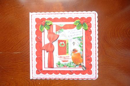 Lovely Christmas Scene with Robin and Red Bow 8x8 by Rosina Walker