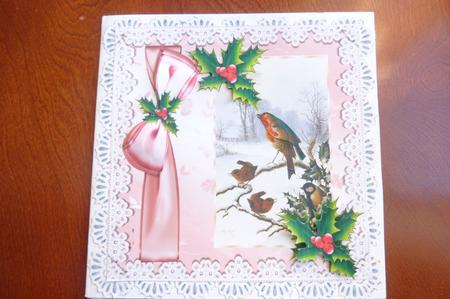 Little Robins on a Branch with Holly 8x8 by Rosina Walker