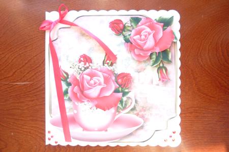 Teacup, Saucer & Deep Pink Roses - Shaped Topper by Rosina Walker