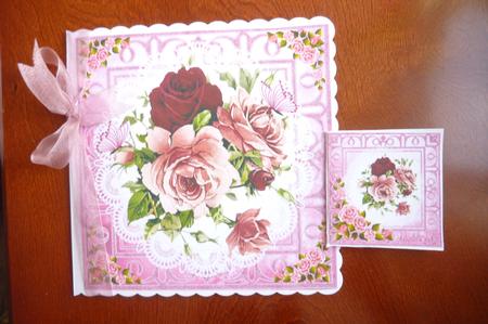 Pretty Roses on Lace with Butterflies Card and Toppers by Rosina Walker
