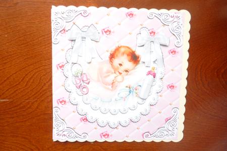 Baby Girl on Pearl and White Lace Bib with White Bows 8x8 by Rosina Walker