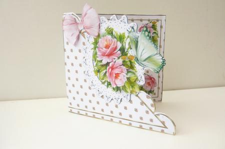 Pretty Pink Roses & Butterfly on Lace on Scalloped Card by Rosina Walker
