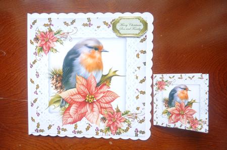 Red Robin on Lace with Poinsettias and Holly 8x8 by Rosina Walker
