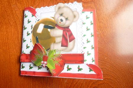 Cute Little Bear with Bell and Bow Over the Edge Card by Rosina Walker
