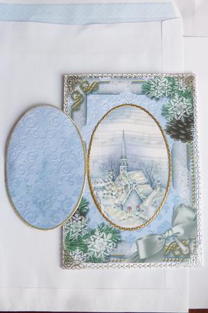 Blue Church Snow Christmas A5 Locket Card Front by Rosina Walker