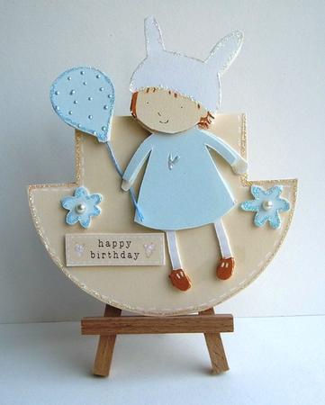 Pastel Sweet Bunny Girl Holding Balloon Wobble Card by Ruth Cunliffe