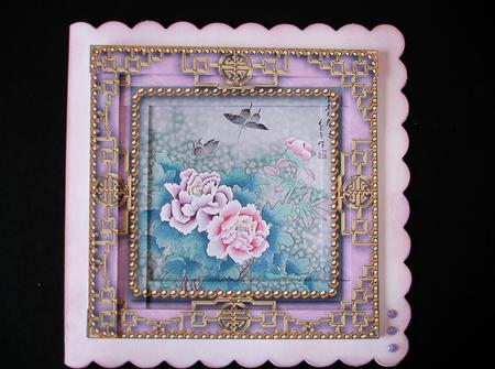 Oriental Butterfly Peony 2 Spiral Edge Stacker Card Front by Ruth Hoffman