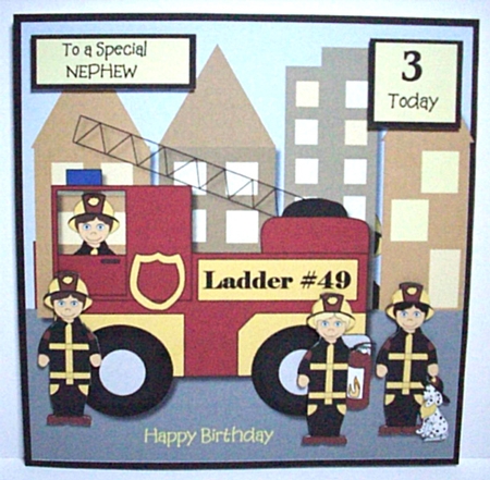 Birthday Card for Nephew with Fire Engine & Crew by Ruth Murphy