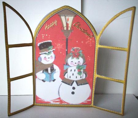 Carol Singing Snowman Church Window Large Gatefold Card by Ruth Murphy